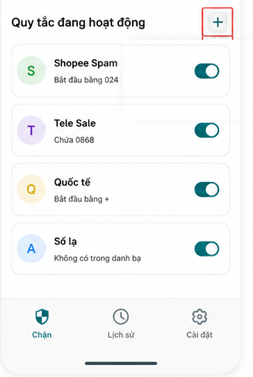 Màn hình danh sách quy tắc CallStopper